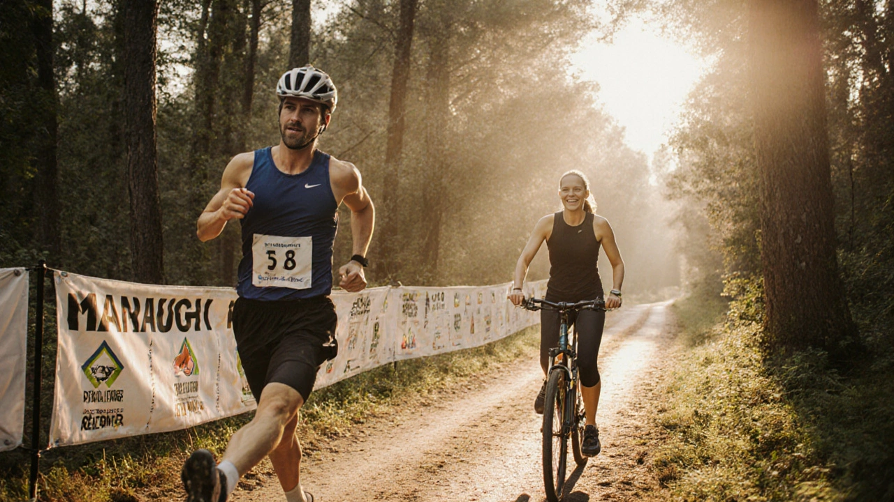 Two runners on a path—one racing, one hiking—with forest and bicycle in background, symbolizing sustainable fitness.