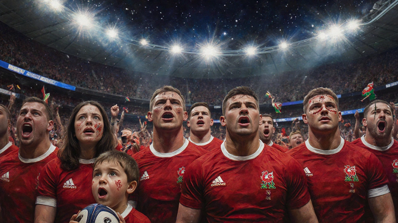Welsh fans singing the national anthem in a packed stadium, tears and red jerseys illuminated by stadium lights.