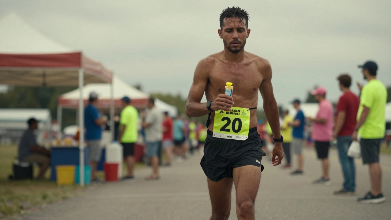 A determined walker at mile 20, sweating and tired but continuing forward on a marathon course.