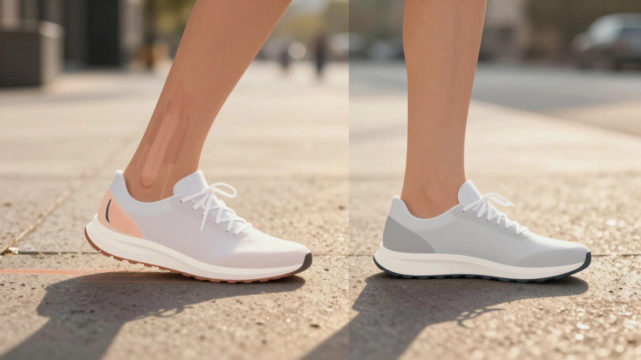 A runner in minimalist shoes on a sidewalk, with biomechanical force lines showing reduced heel impact.