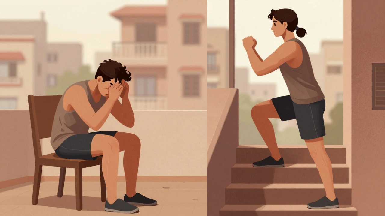 Before and after transformation: someone struggling to stand versus confidently climbing stairs after 30 days of squats.