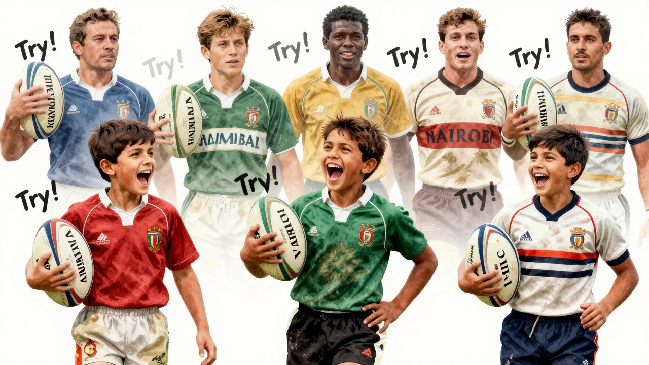 Children from different countries celebrating rugby with shouts of &#039;Try!&#039;