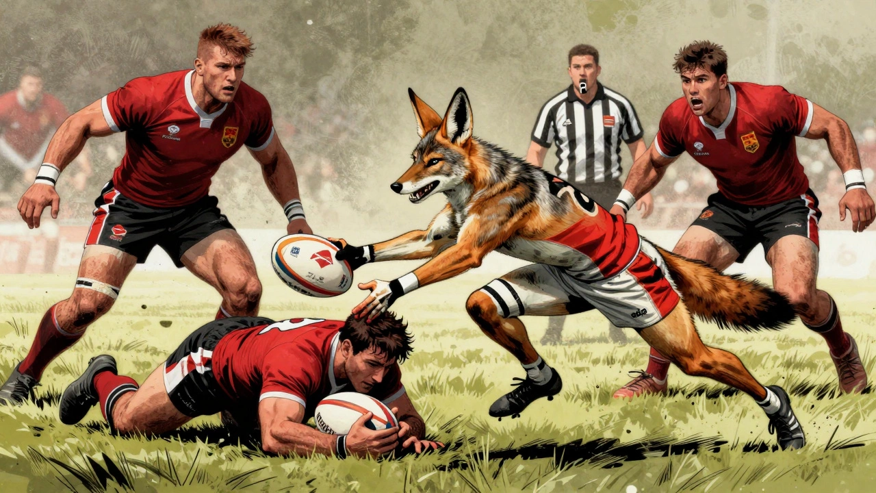 Comic-style rugby player executing a legal jackal move as opponents react, motion lines showing speed and precision.
