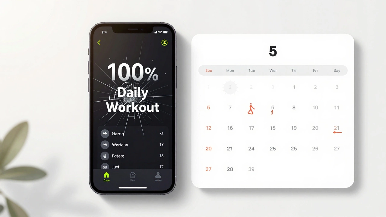 Cracked fitness app screen next to a balanced weekly workout calendar in soft daylight.