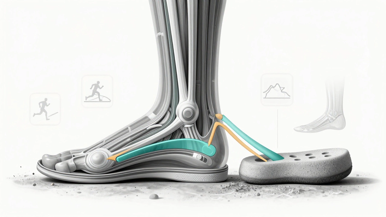 Cross-section of a foot showing force distribution in flat vs. cushioned running shoes.