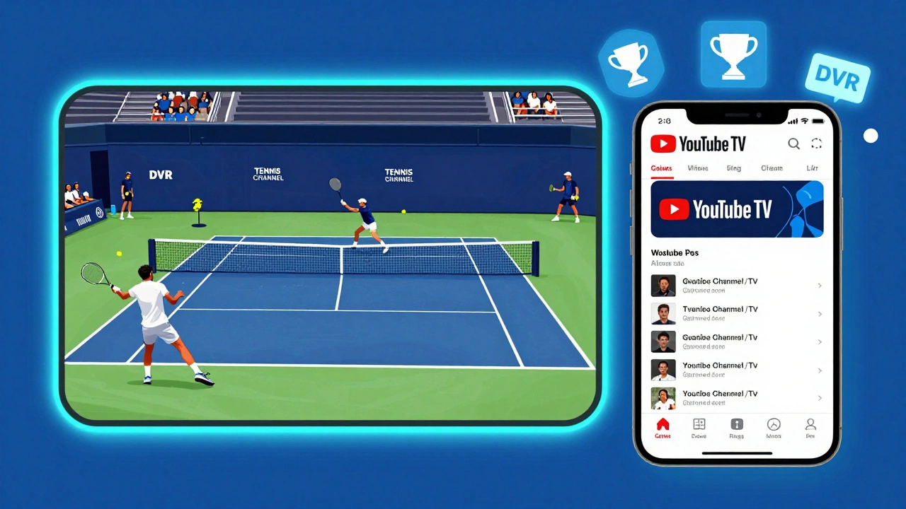 Digital split-screen showing Tennis Channel live match and YouTube TV interface on a phone.