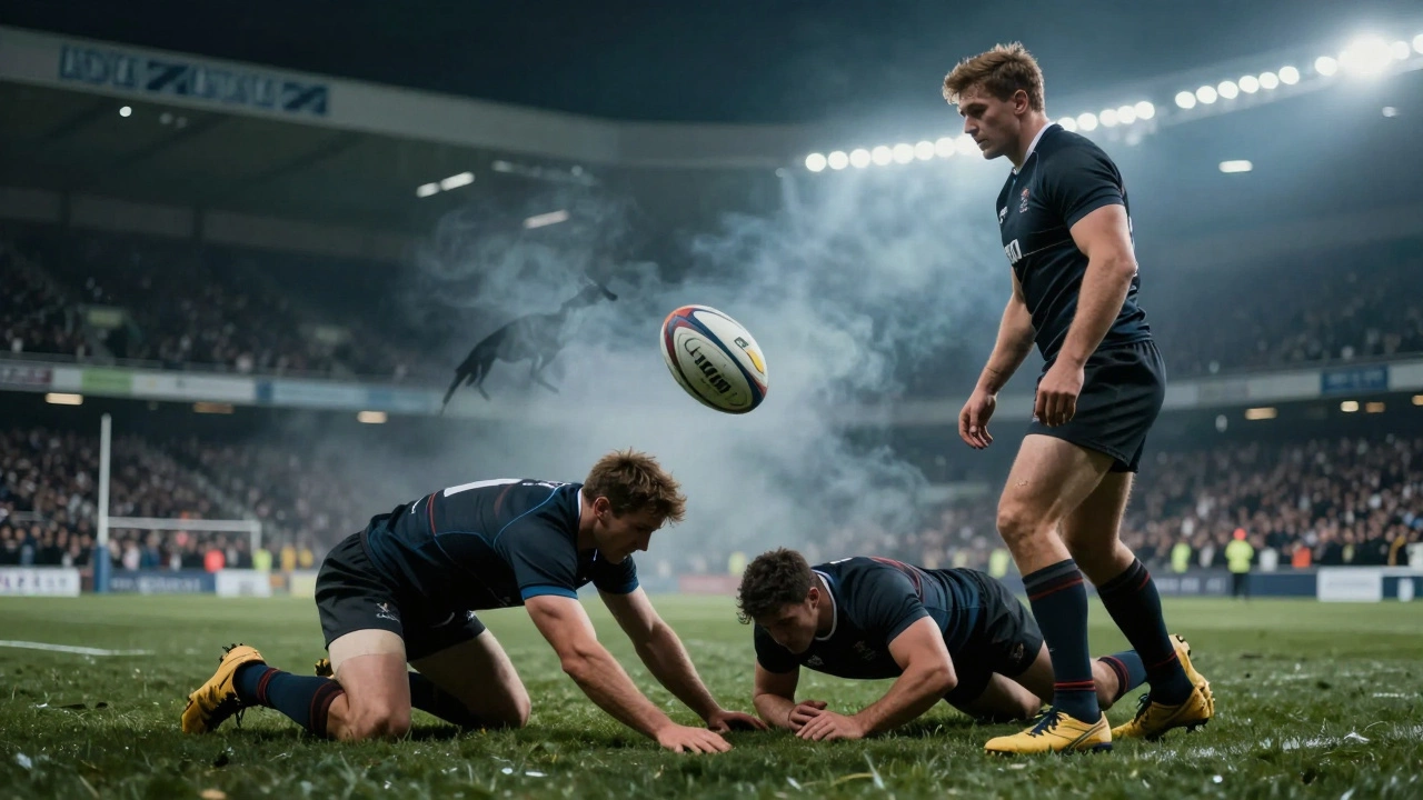Frozen moment at a rugby breakdown with jackal reaching for ball, ruck forming, and symbolic jackal silhouette in background.