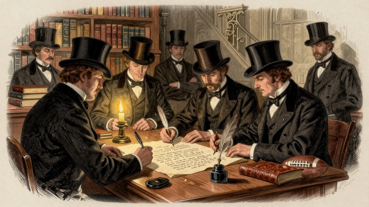 Gentlemen sign the first rugby rules in a candlelit 19th-century library.