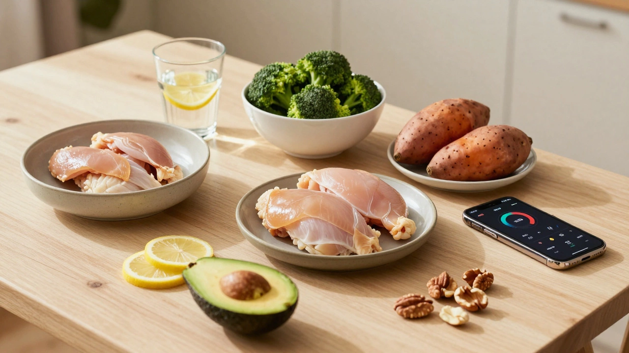 Healthy meal prep with lean protein, vegetables, and whole grains on a kitchen table.