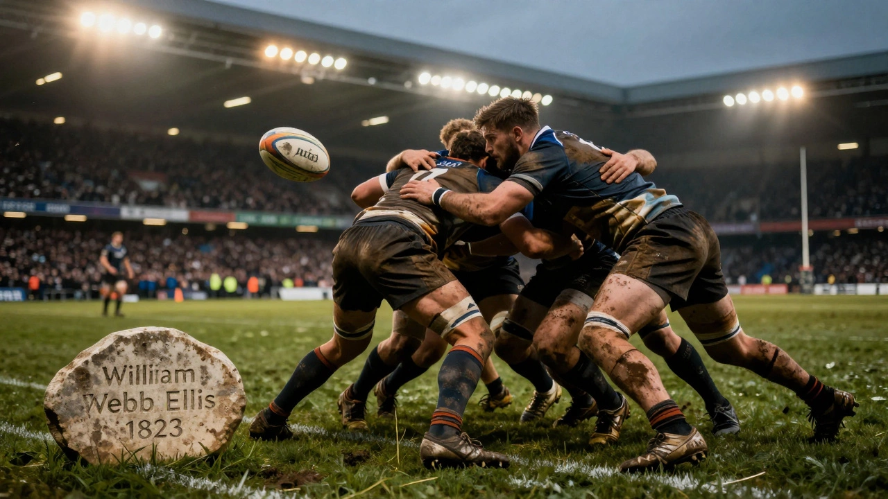 Modern rugby scrum with a historic plaque visible on the sideline.