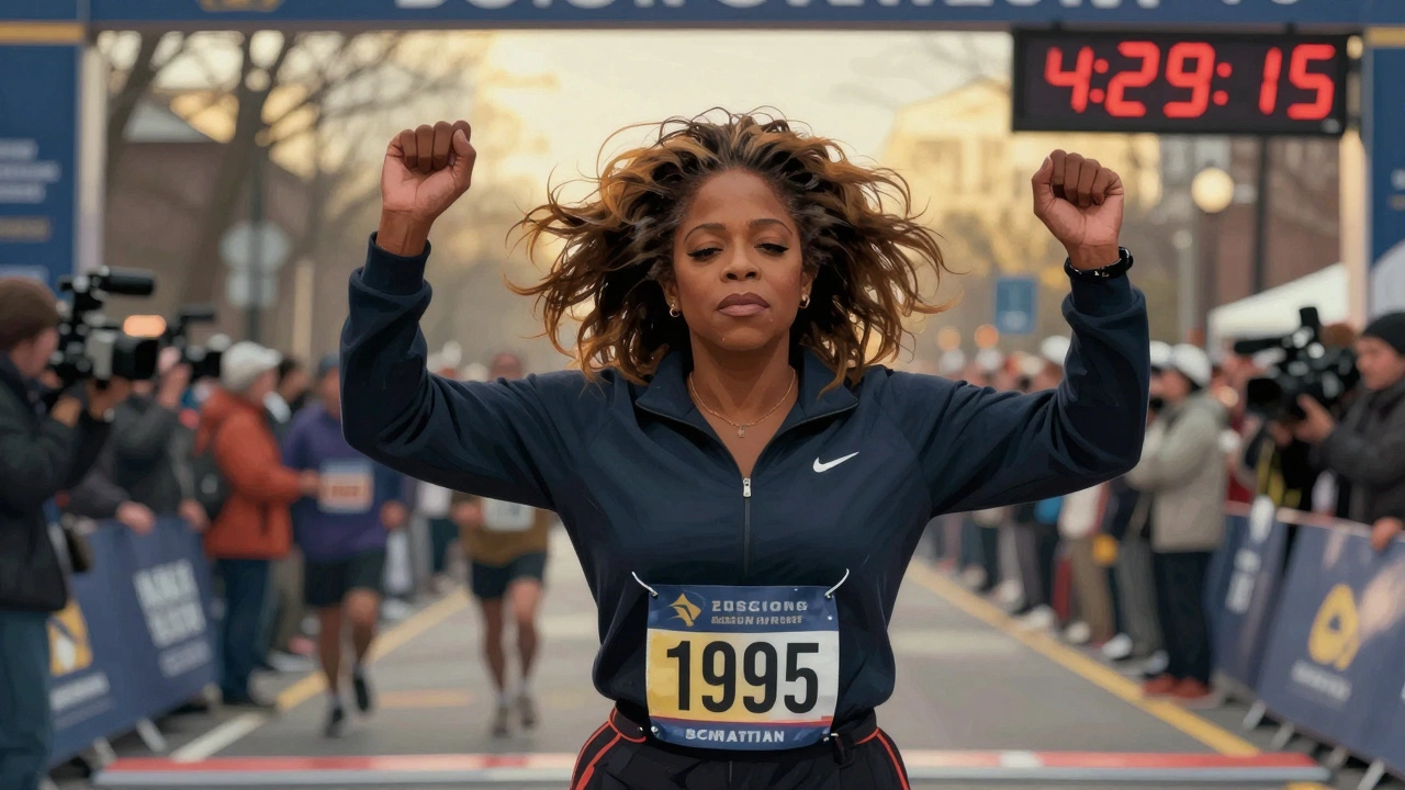 Oprah crossing the Boston Marathon finish line, calm and triumphant, clock showing 4:29:15.