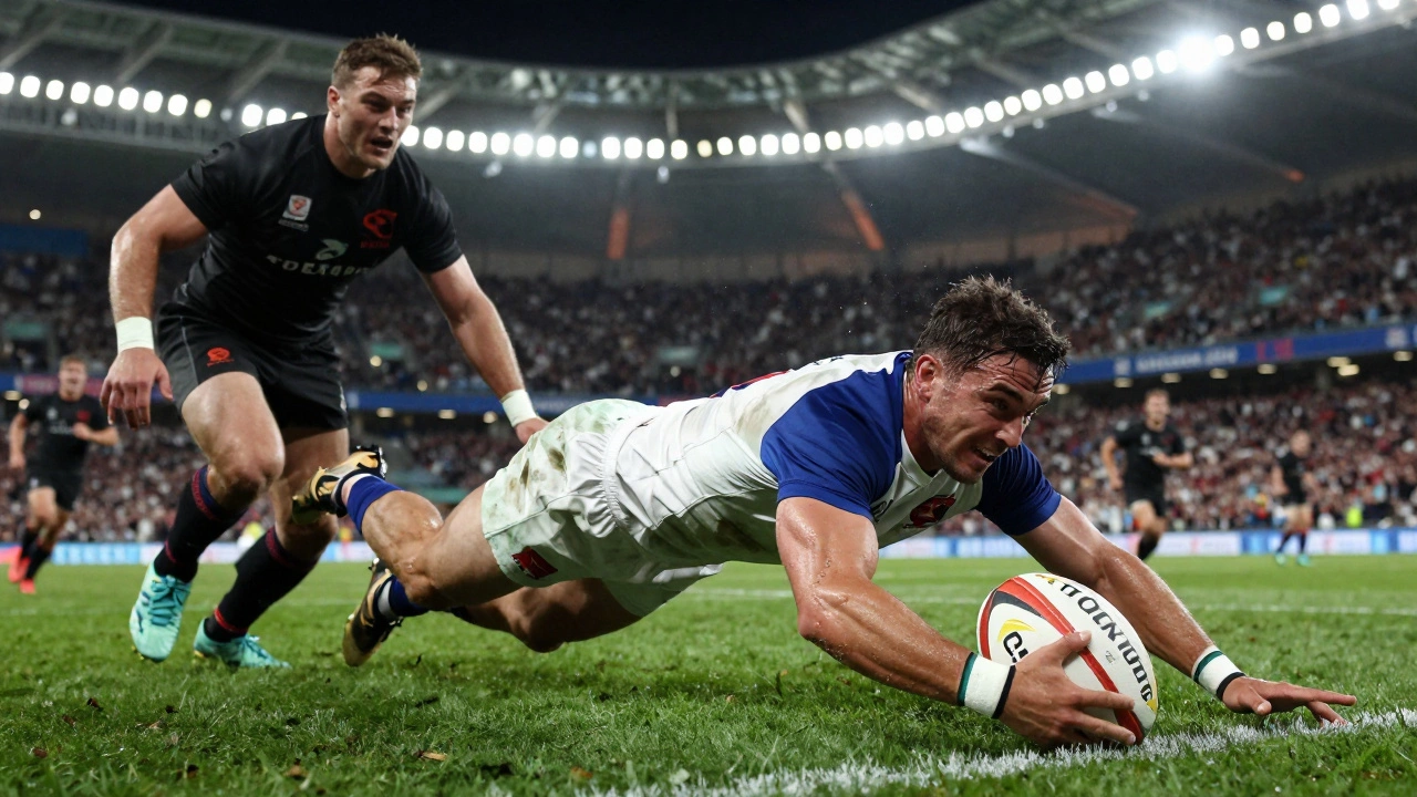 Rugby player diving to ground the ball in the in-goal area while being tackled.