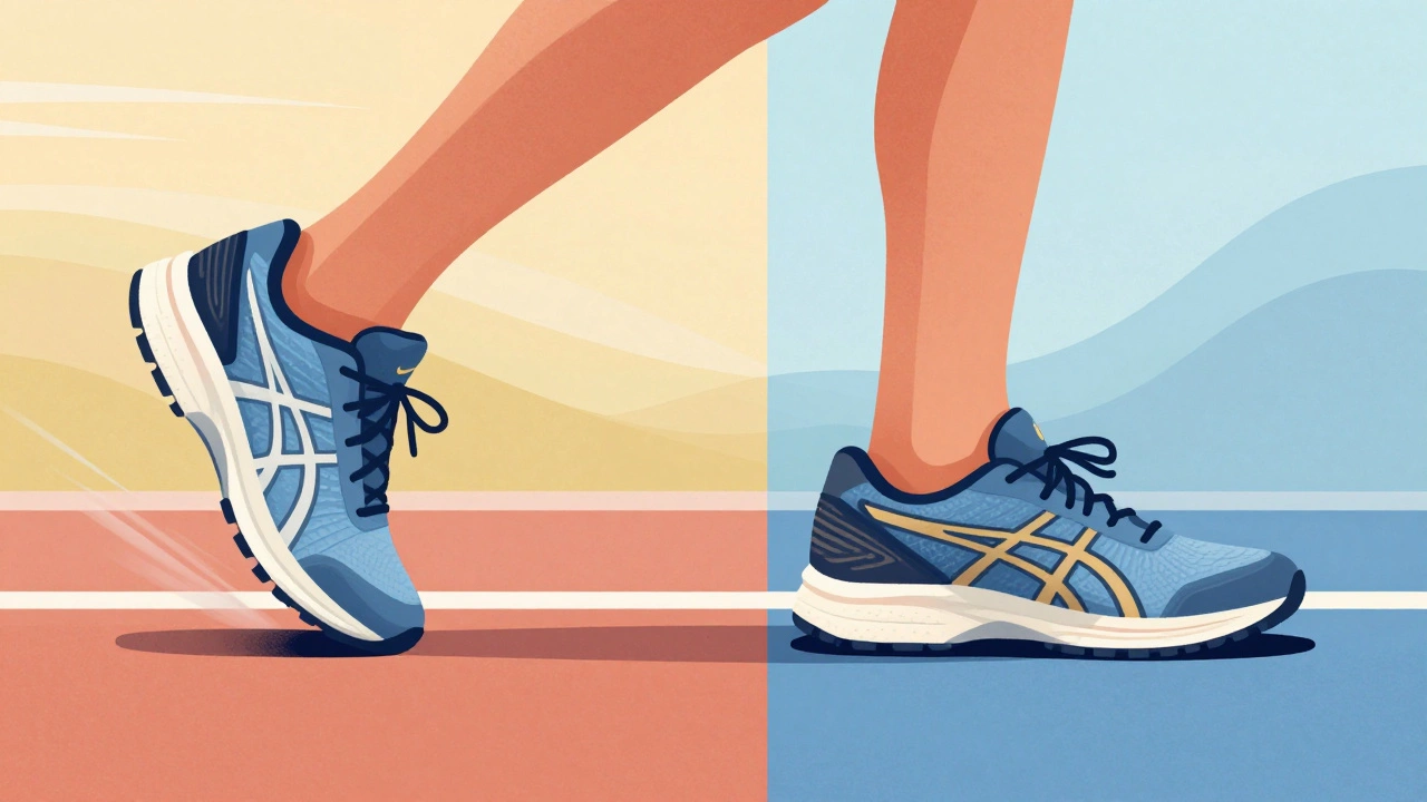 Split illustration of a runner's foot in Nike vs Asics shoe fit