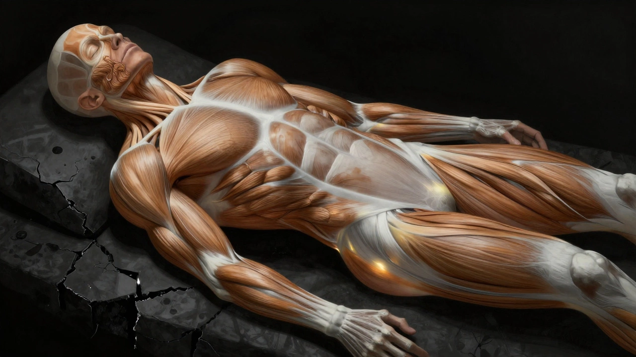 Translucent human body with glowing repair zones and fractured muscle tissue in surreal anatomical art.