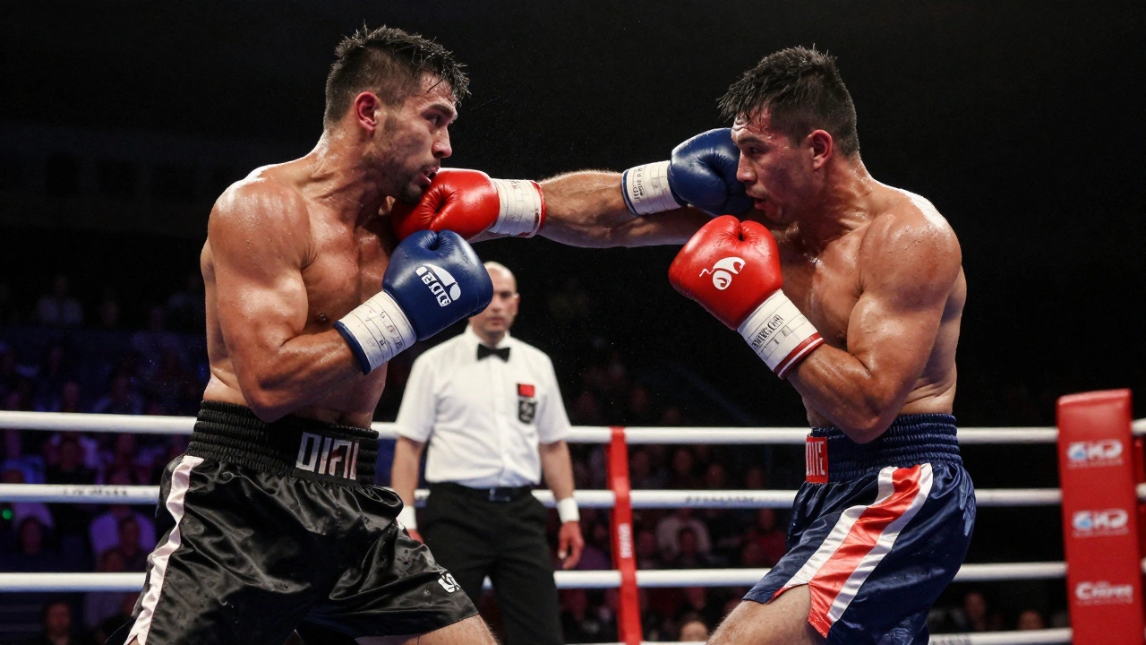 Two boxers in a intense clinch during a professional match, one landing a punch.