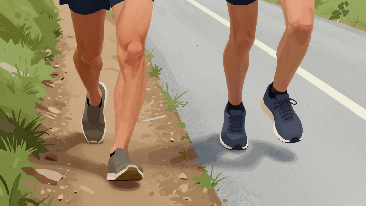 Two runners side by side: one on trail in minimalist shoes, one on road in cushioned shoes.