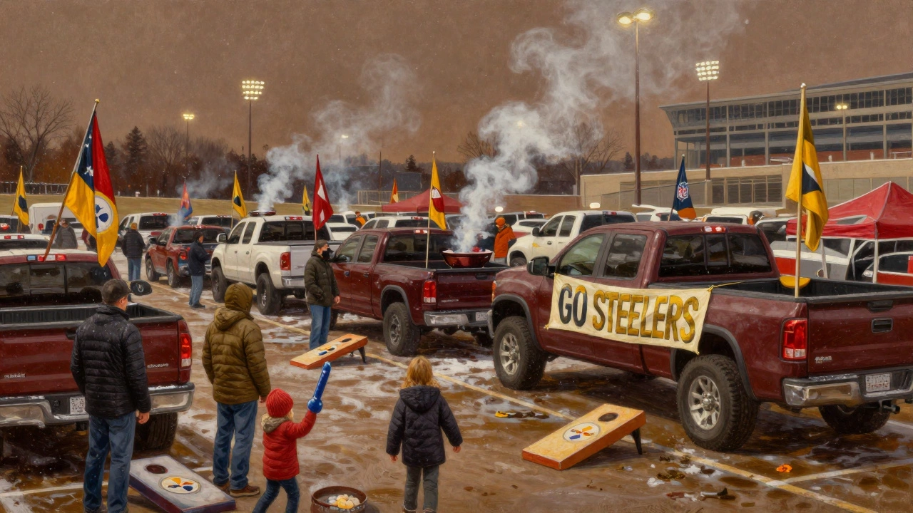 Vibrant tailgate party in a snowy stadium parking lot with trucks, grills, and fans celebrating.