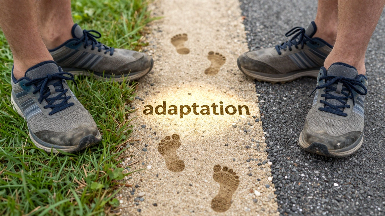 Worn running shoes beside bare feet on varied terrain, symbolizing the transition to natural running.