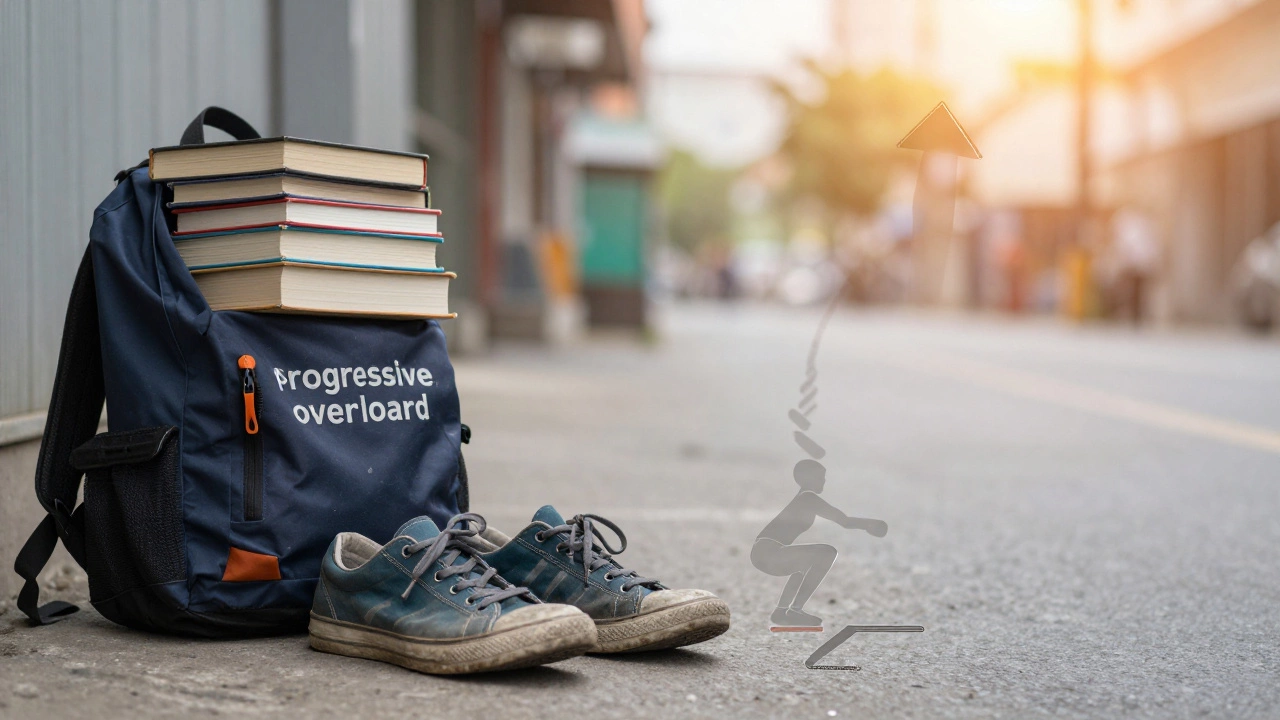 Worn sneakers and a backpack of books symbolizing progressive overload, with a path of squats leading toward sunlight.