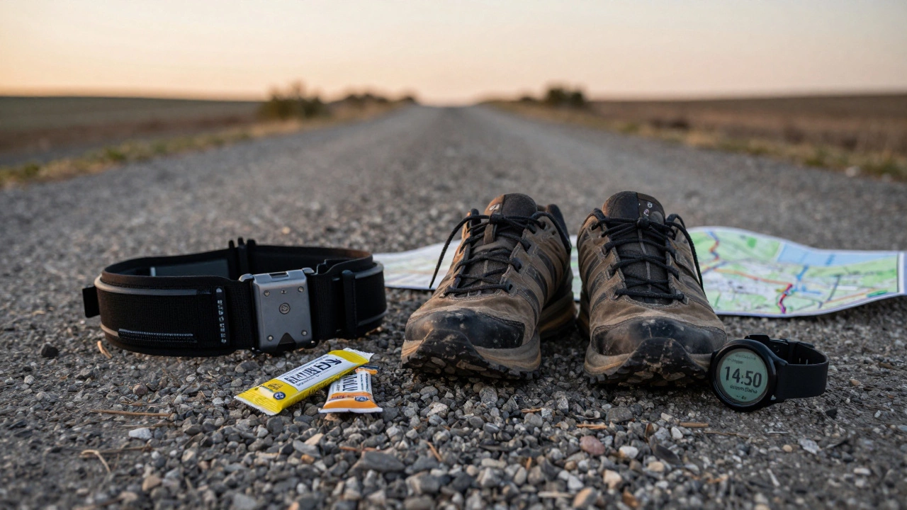 Worn walking shoes and race gear on a path, with a watch showing target pace and energy gels nearby.