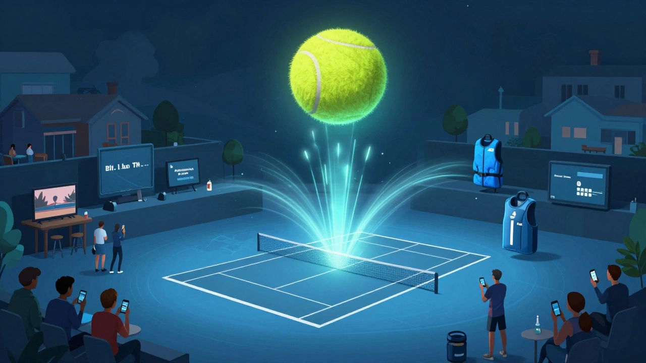 A tennis ball hovers above India as fans watch remotely, symbolizing the global connection to the Australian Open.