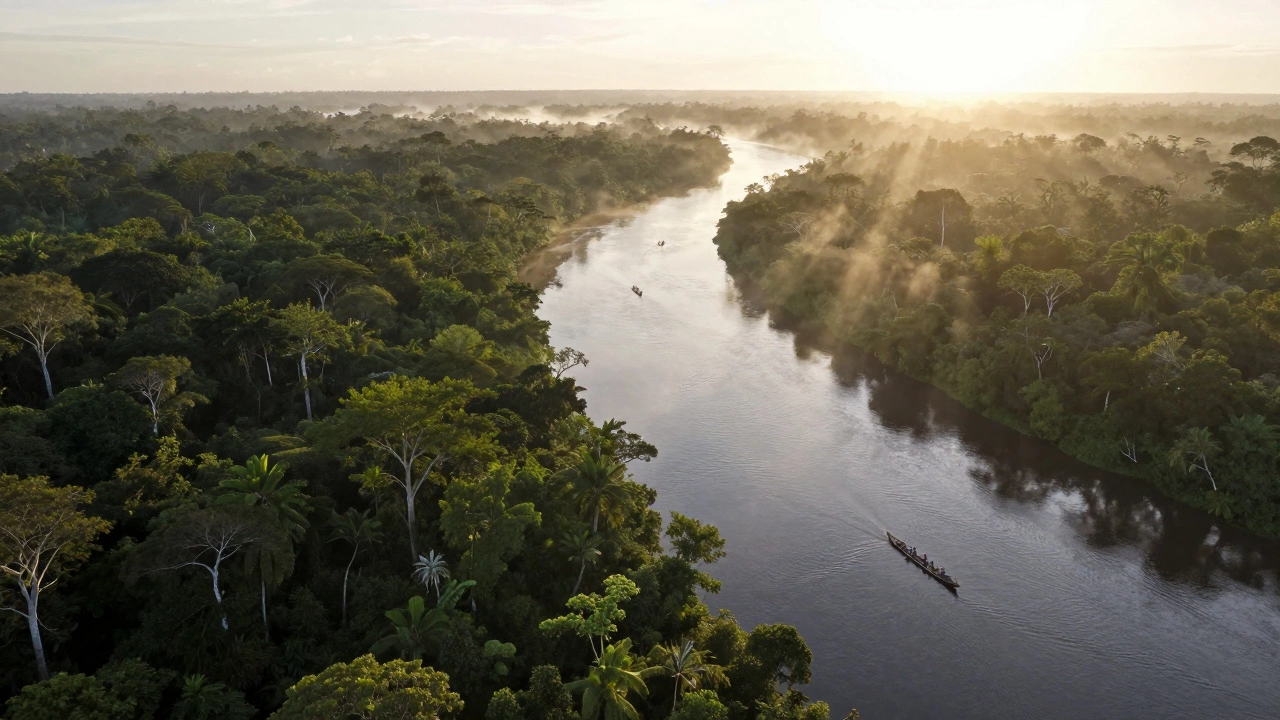 Aerial view of the vast Amazon Rainforest with a winding river and mist rising at sunrise.