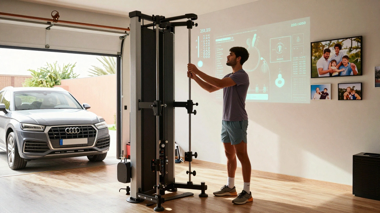 Carlos Alcaraz using a high-tech home training rig, modest surroundings, focused on performance and discipline.