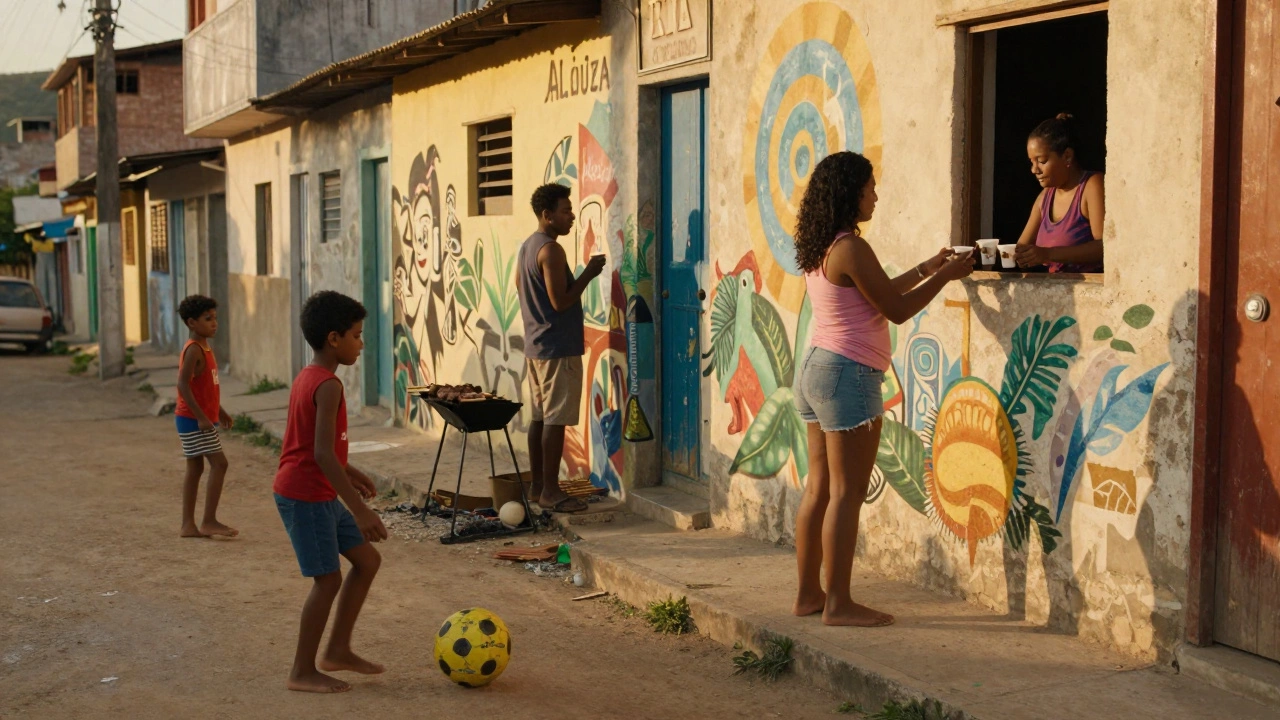 Children playing soccer in a Brazilian favela at golden hour, with food being served nearby.