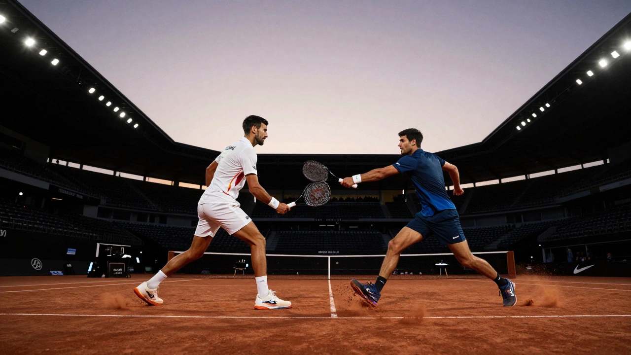 Djokovic and Alcaraz face off at sunset on Rod Laver Arena, golden light highlighting their focus and the arena's grandeur.