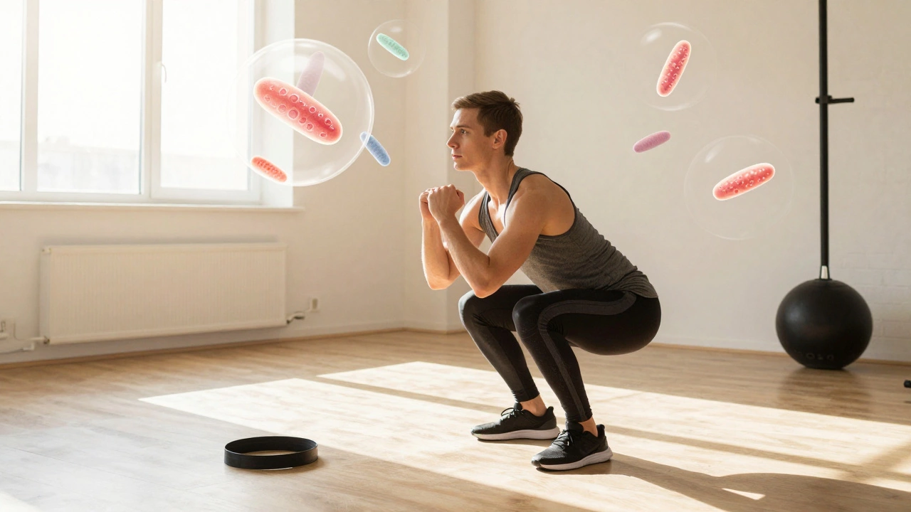 Person doing bodyweight exercises in a sunlit room with energy symbols floating nearby.