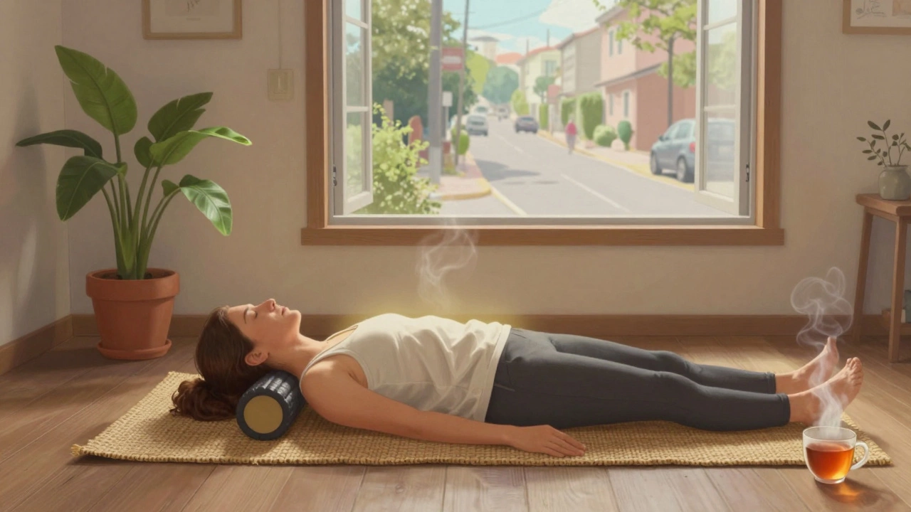 Person in a peaceful yoga pose on a mat with foam roller and tea, surrounded by natural elements in soft light.