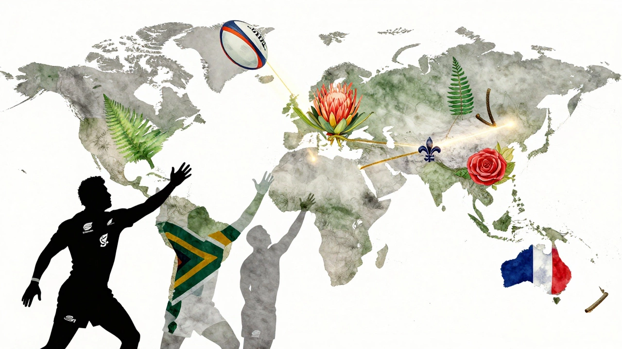 Rugby ball flying over silhouettes of players from top rugby nations.