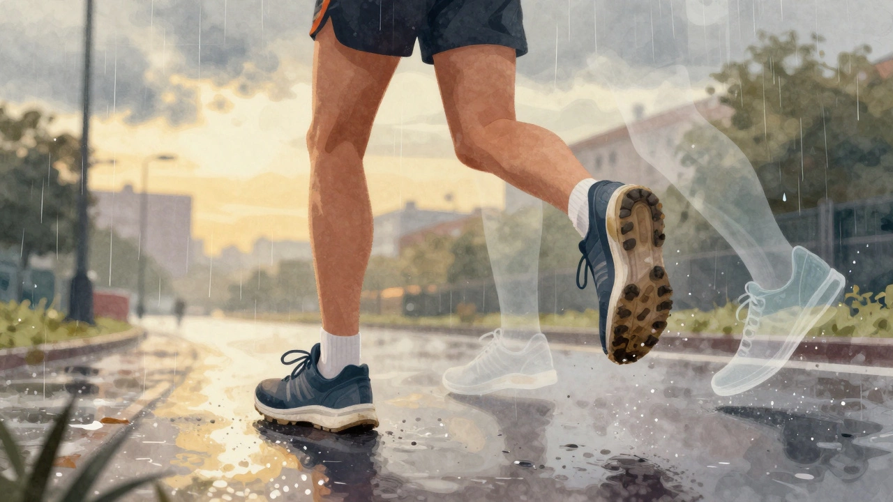 Runner on a rainy path with ghost images of healthy shoes behind them, showing loss of cushioning support.