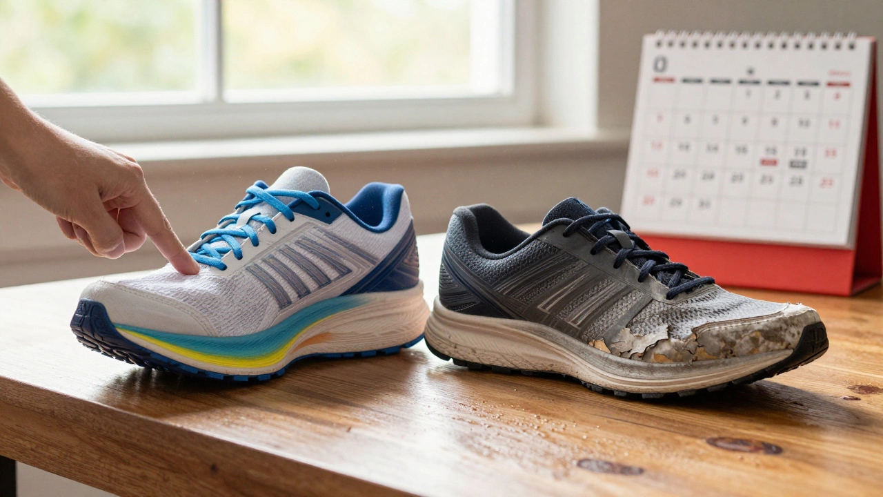 Side-by-side comparison of new and old running shoes, one springy and one flat, with calendar markers for mileage and time.