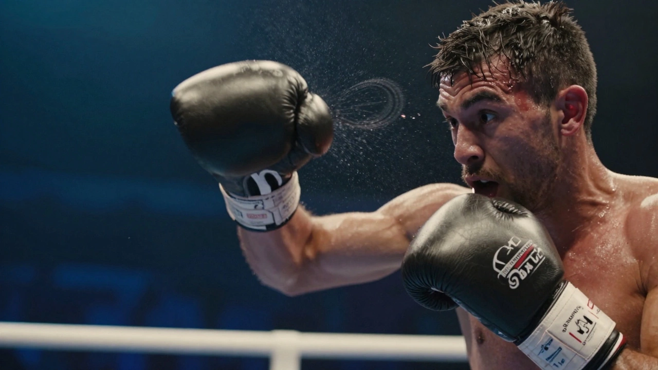 Slow-motion freeze of a 7 punch landing on a boxer’s temple, blood droplets suspended, intense facial reaction.