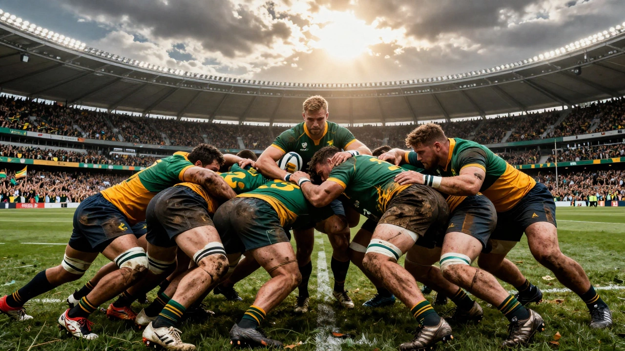 Springboks in a powerful scrum under stadium lights in Cape Town.