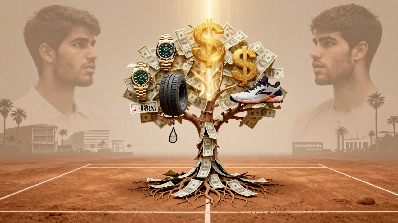 Symbolic tree representing Carlos Alcaraz’s wealth, with sponsor logos as branches and prize money as roots.