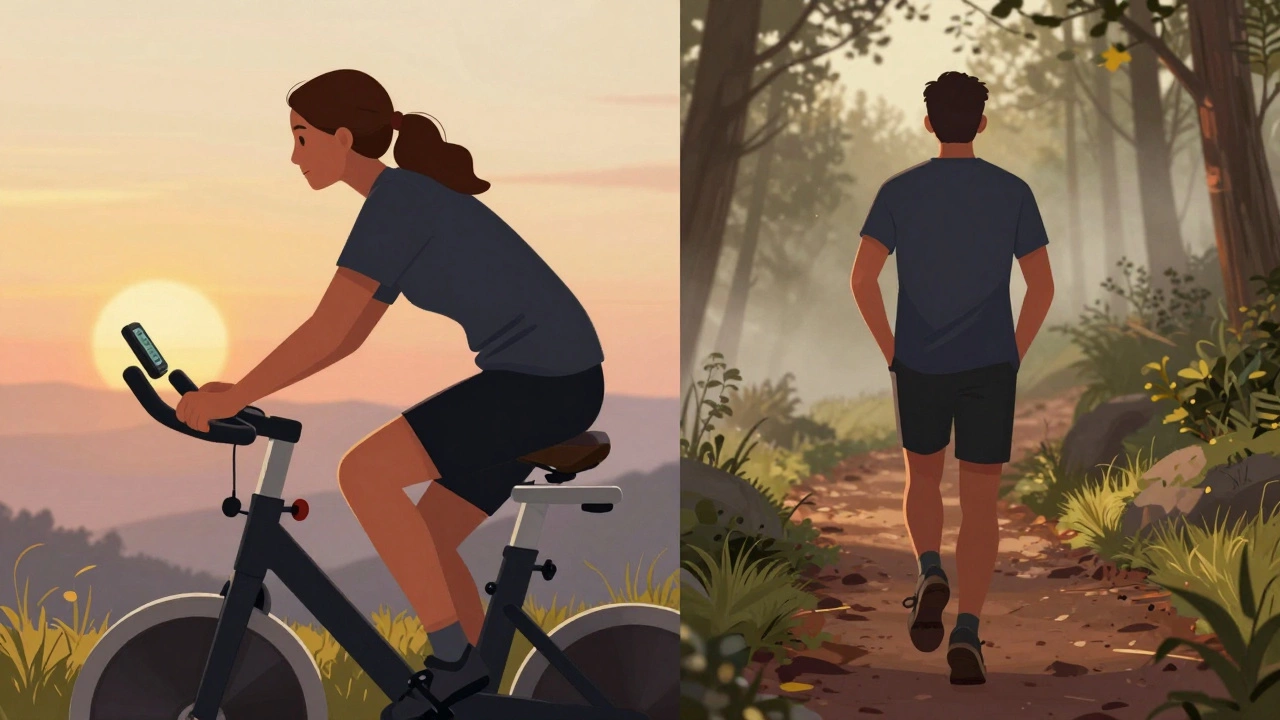 Two scenes: one person cycling calmly at sunset, another walking uphill on a forest trail during golden hour.
