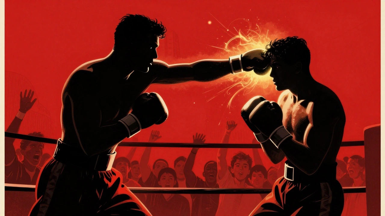 Vintage-style illustration of a southpaw boxer launching a 7 punch with glowing energy, crowd blurred in background.