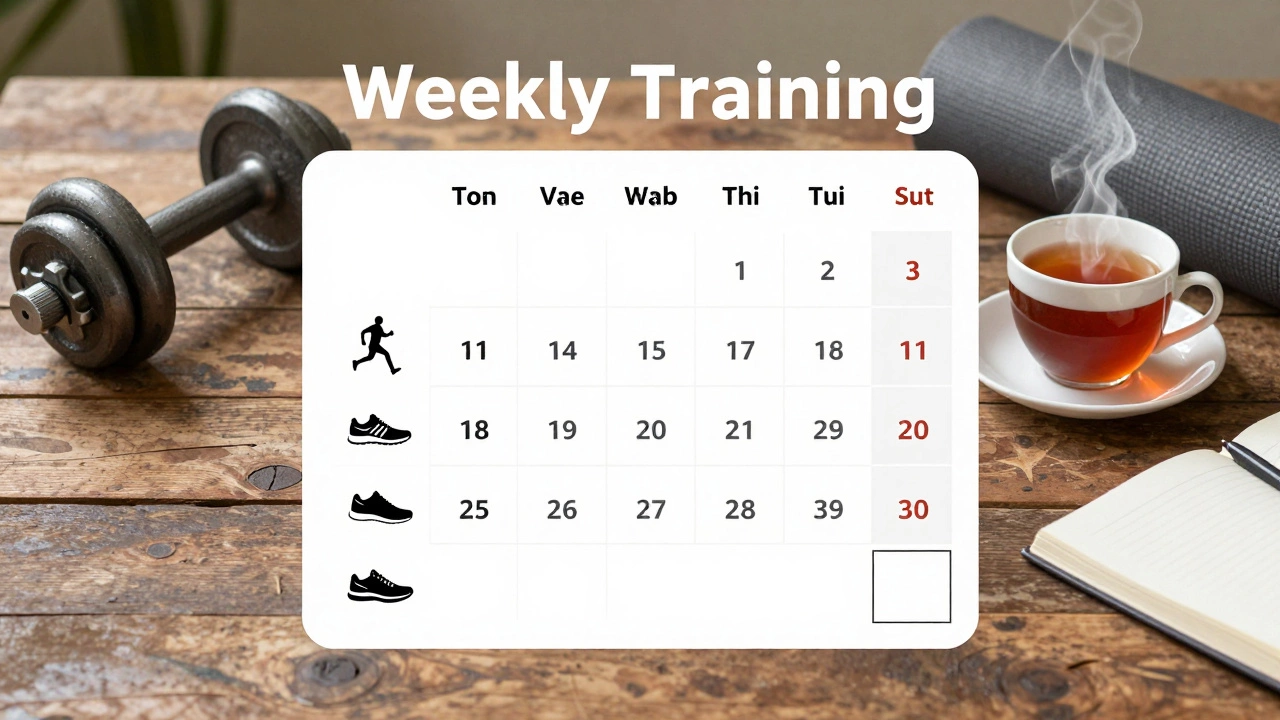 Weekly training calendar on wooden table with workout icons and a rest day featuring tea and book in India.