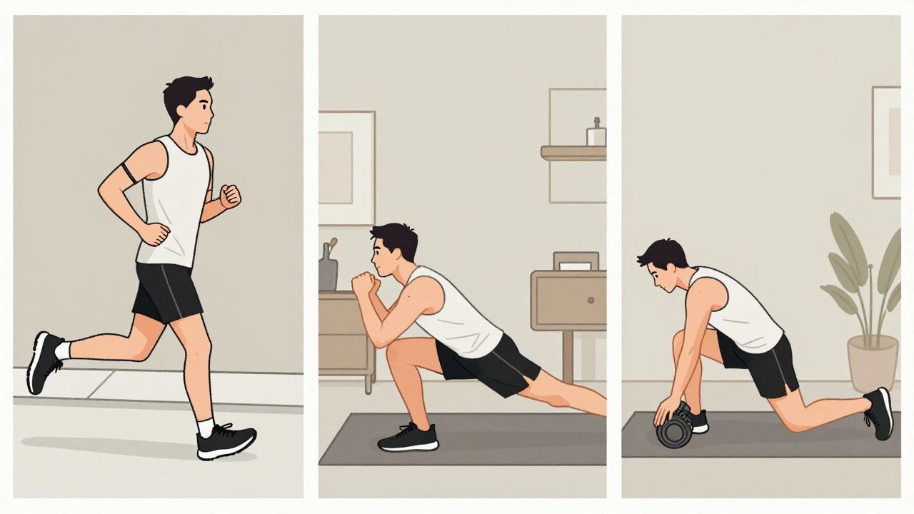 A 35-year-old runner at three stages of training: jogging, strength training, and stretching.