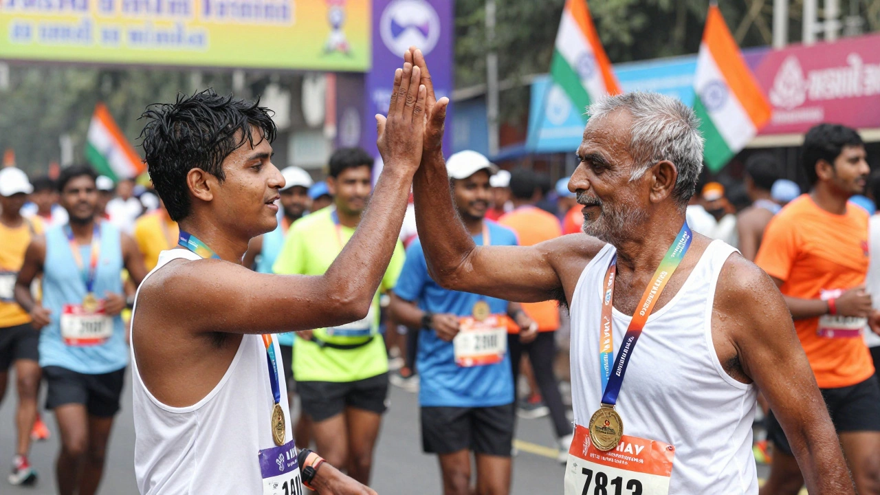 An older runner celebrating with a younger participant at a vibrant Indian marathon finish line.