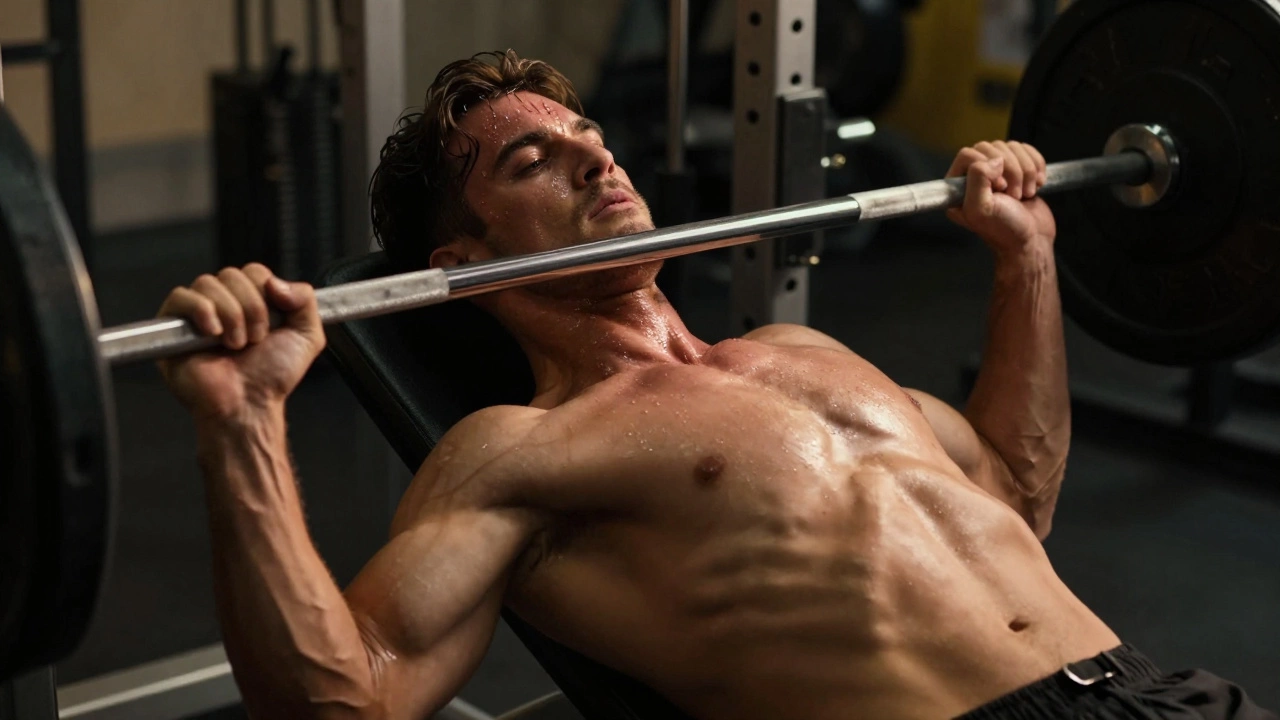 Bench press close-up showing chest, shoulders, and triceps engagement with sweat and dramatic lighting.