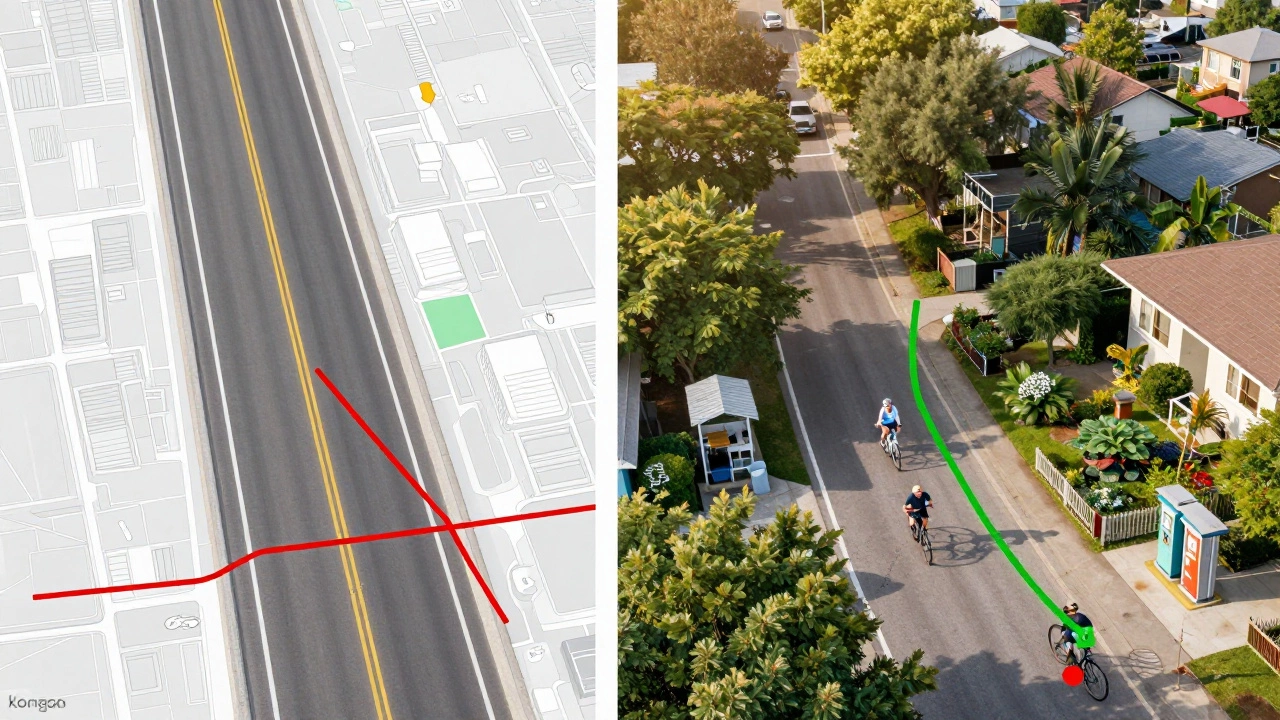 Comparison of Google Maps route on a highway versus Komoot’s quiet residential path with water stall and air pump in Bengaluru.