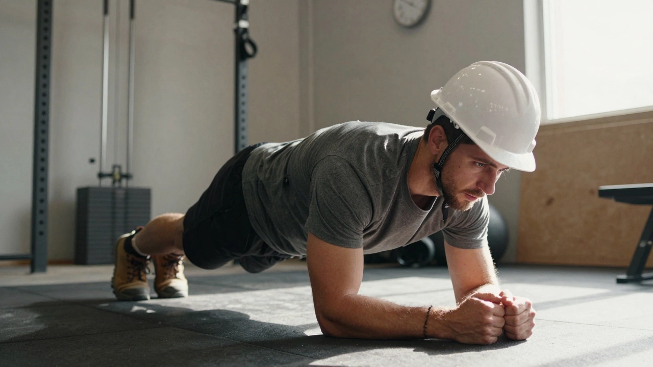 Construction worker doing plank in gym with work gear, wall clock visible, natural lighting.