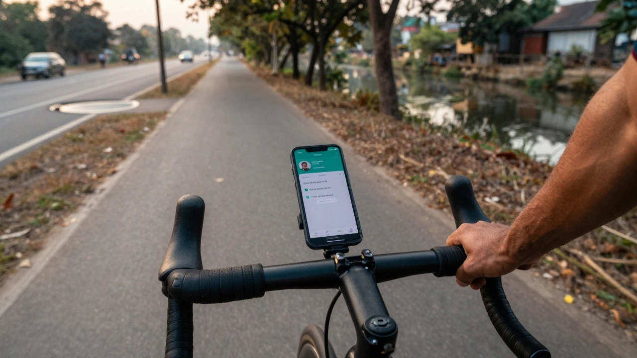 Cyclist riding along a tree-lined canal path with Komoot app showing user notes for safety and amenities on smartphone mount.