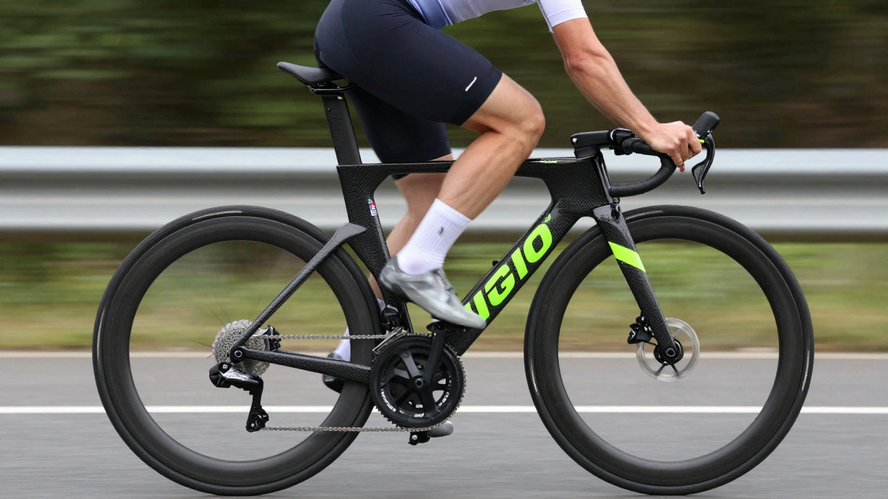 Cyclist with custom bike overlaid with body scan data, sponsor logos subtly integrated.