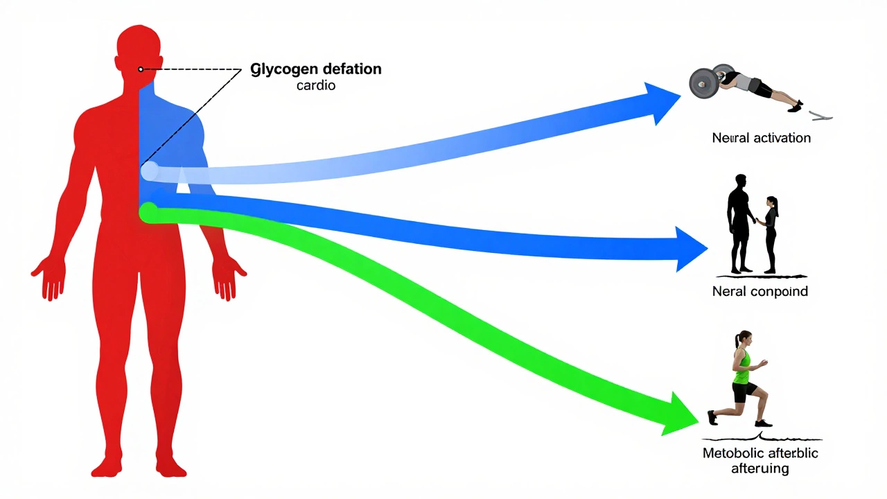 Human body with color-coded energy systems showing optimal sequence from strength training to moderate cardio.