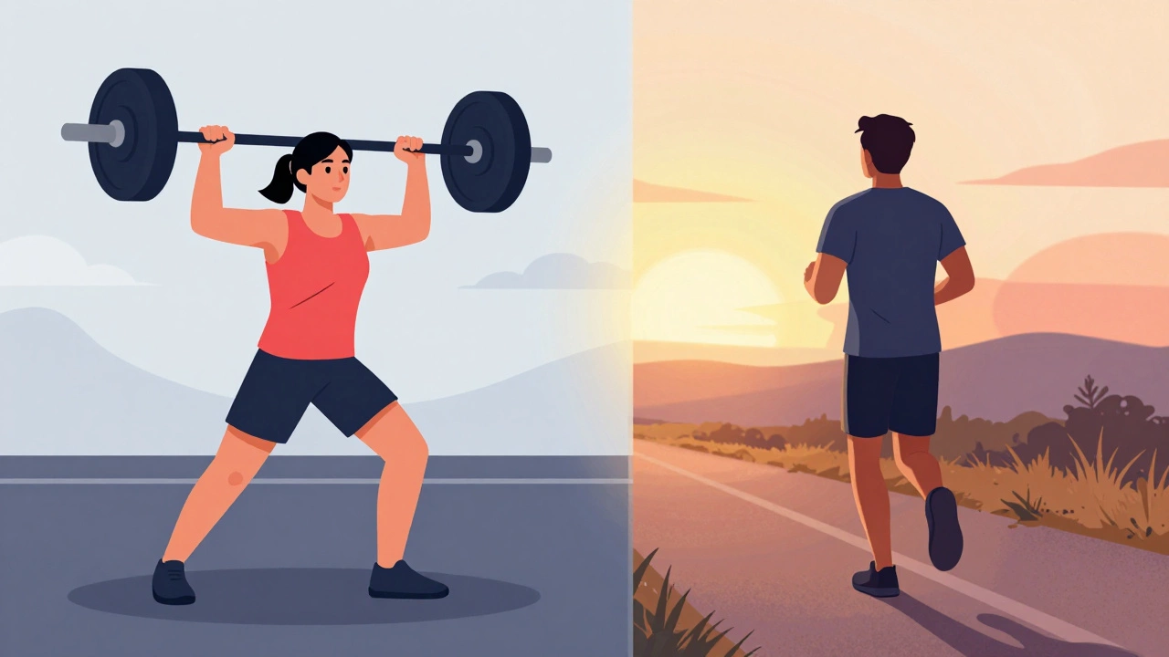 Split image showing one person lifting weights and later jogging on a path at sunset, representing separated strength and cardio days.