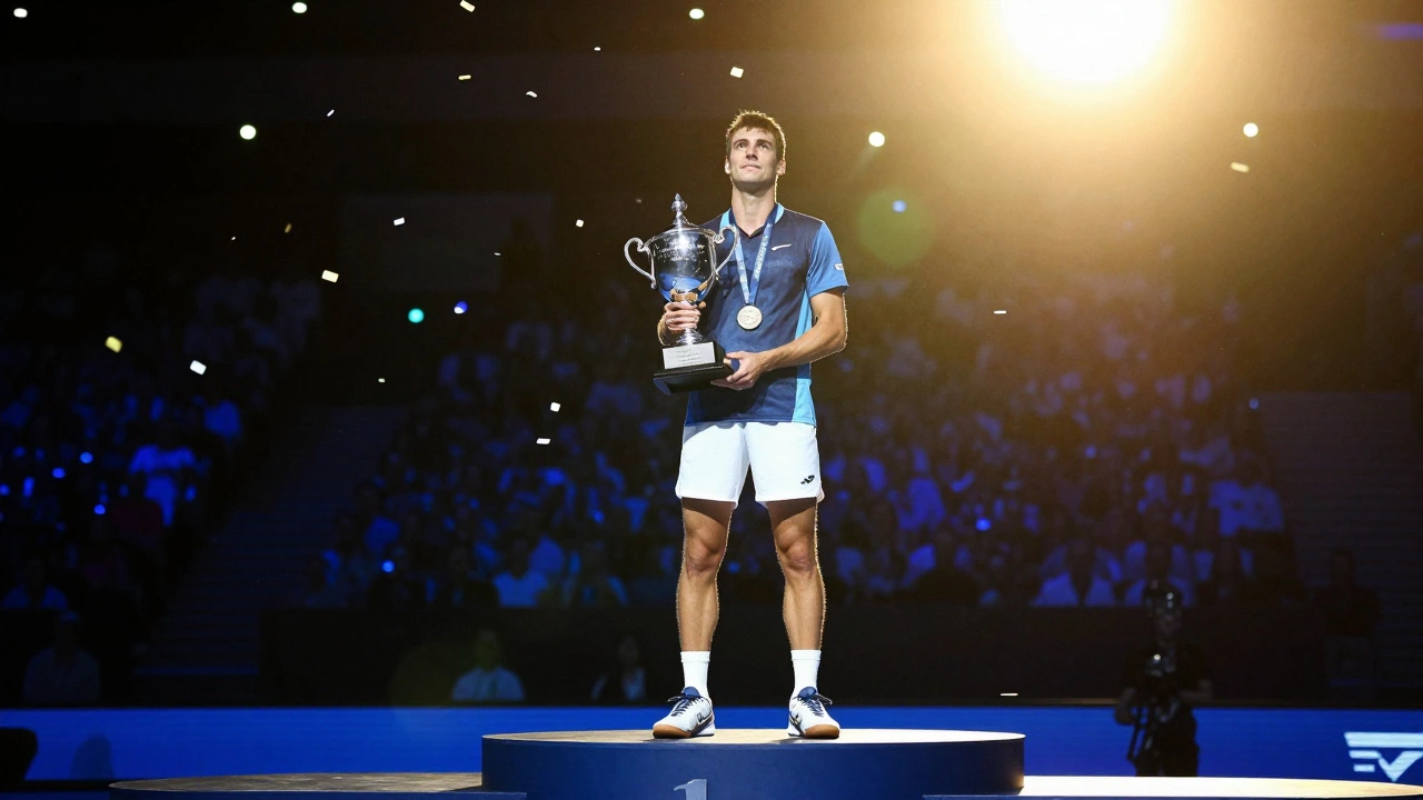 A tennis player standing on a podium holding a trophy under dramatic stadium lighting.